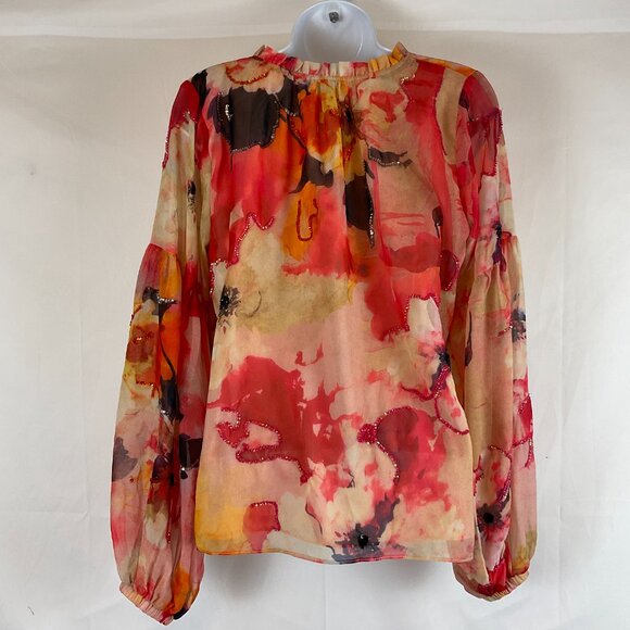 Willa Story Blouse Multi Pink XS Floral Sequins Ruffle Trim Long Sleeve New NWT - Picture 7 of 12